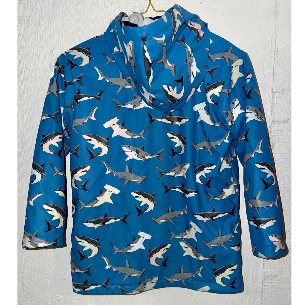 Hatley Boys Blue Shark Print Hooded Rain Jacket Stripe Terry Lined Size 7